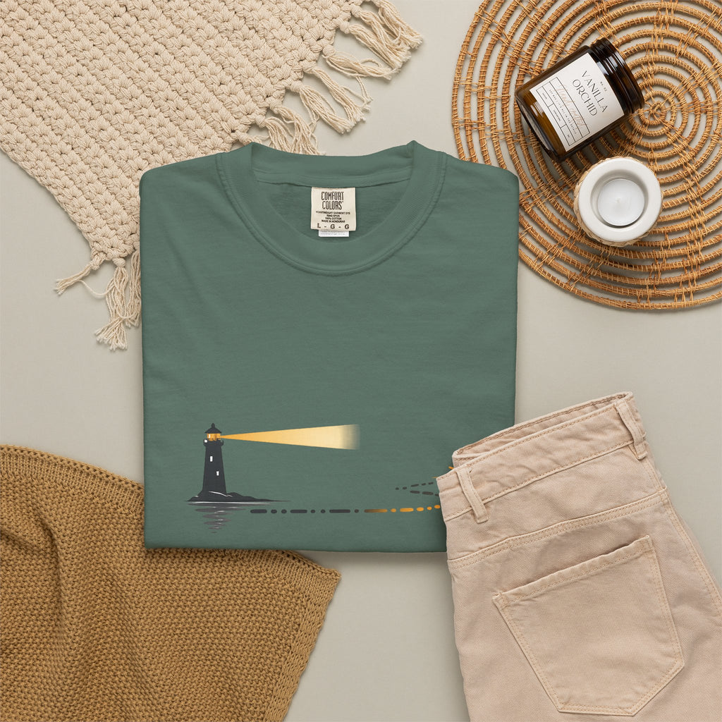 Lighthouse Sunset T-Shirt — Nautical Coastal Tee with Beacon Graphic