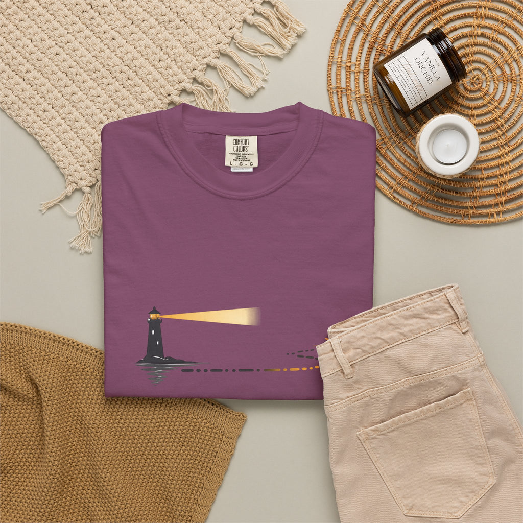 Lighthouse Sunset T-Shirt — Nautical Coastal Tee with Beacon Graphic