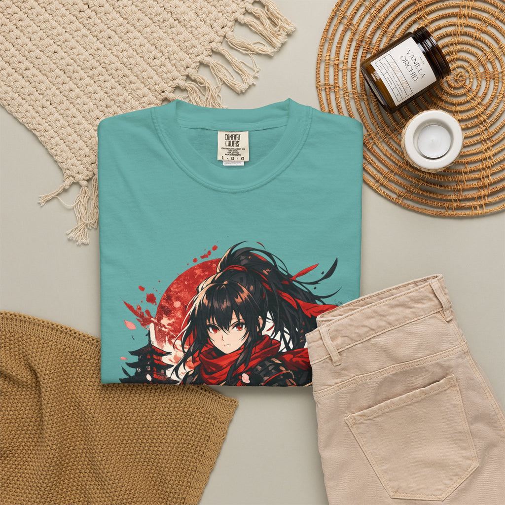 Samurai Anime Girl T-Shirt — Red Moon & Sakura Sword Art Tee