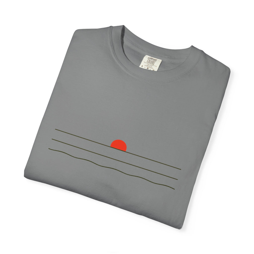 Sunset Minimalist T-Shirt — Red Sun Over Wavy Lines Tee
