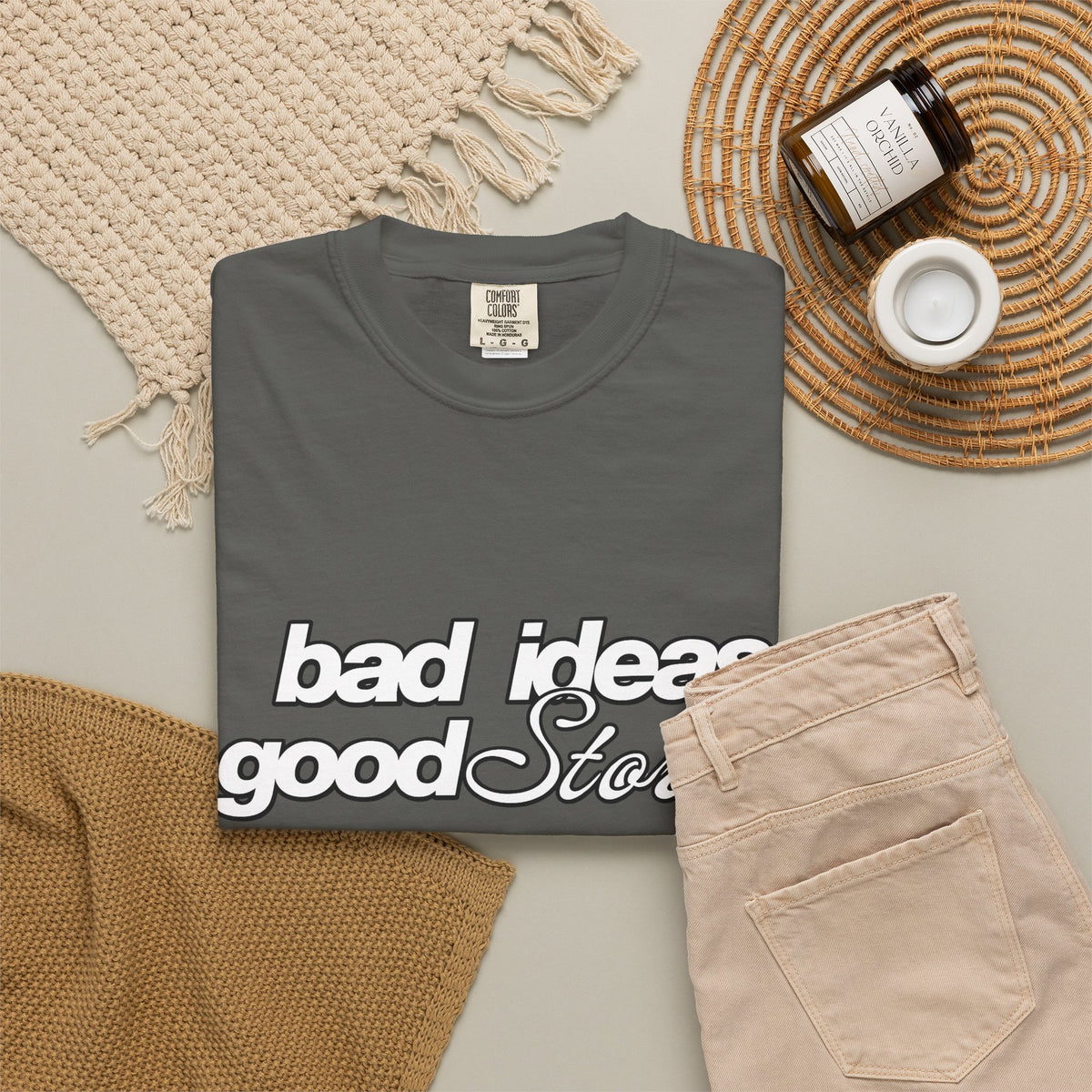 T-Shirt — “bad ideas good stories” Retro Script Tee