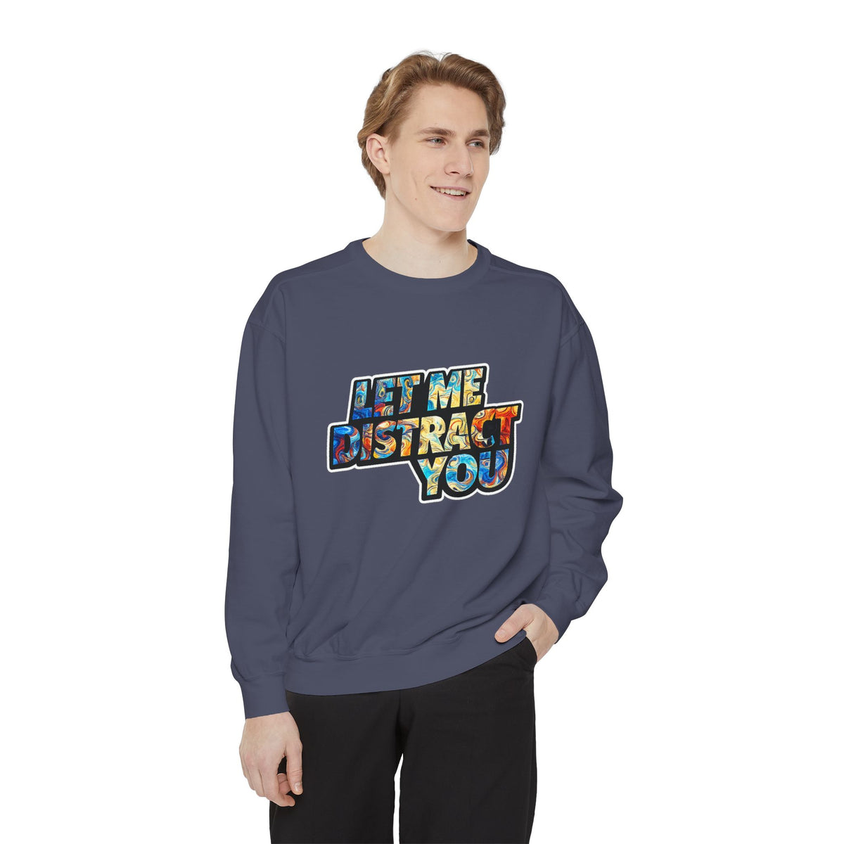 Let Me Distract You Sweatshirt — Colorful Retro Graphic Crewneck