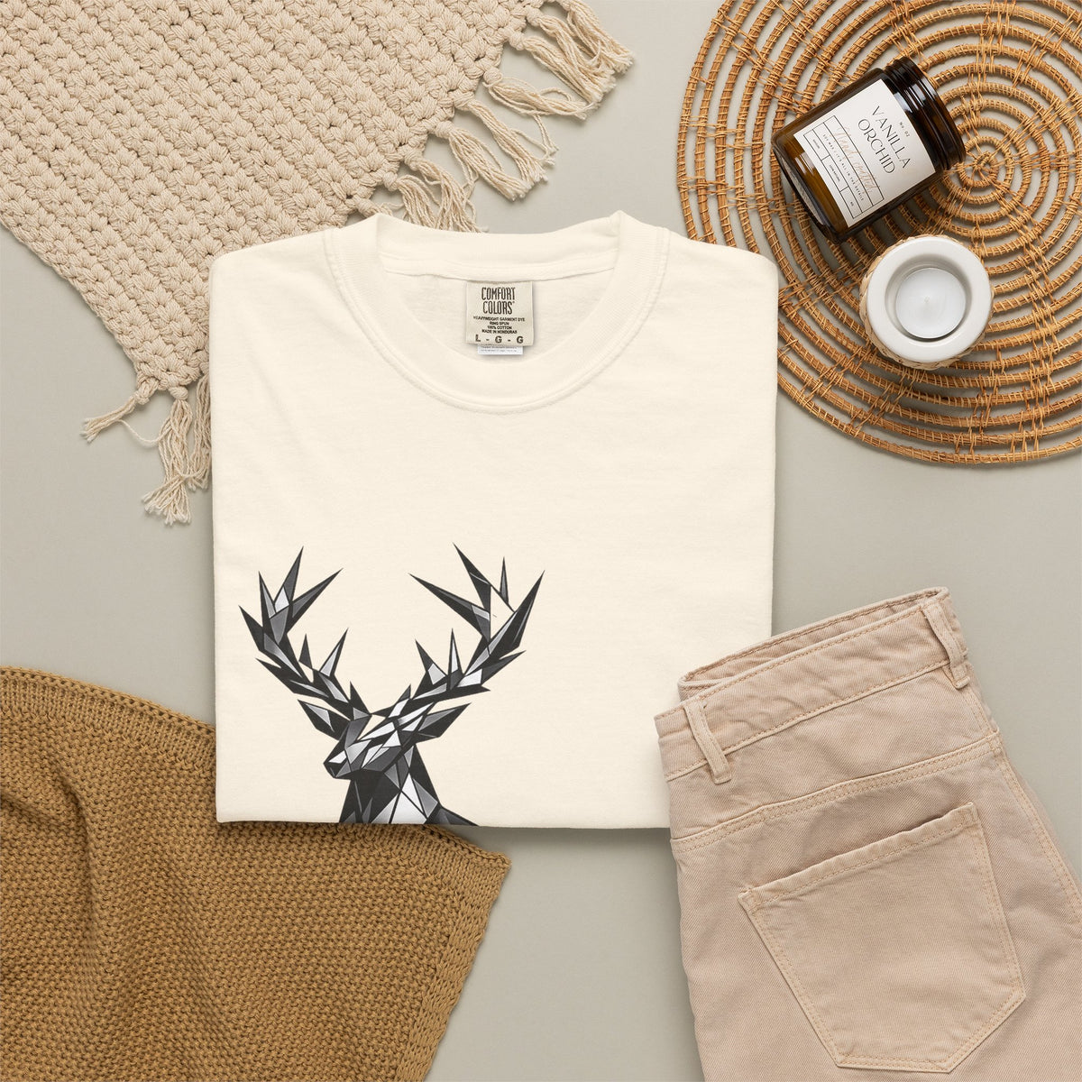 Geometric Stag T-Shirt — Black Polygon Deer Graphic Tee
