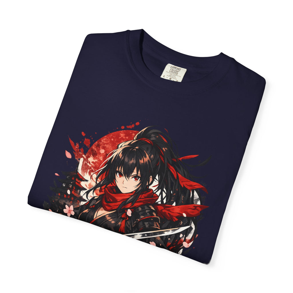 Samurai Anime Girl T-Shirt — Red Moon & Sakura Sword Art Tee