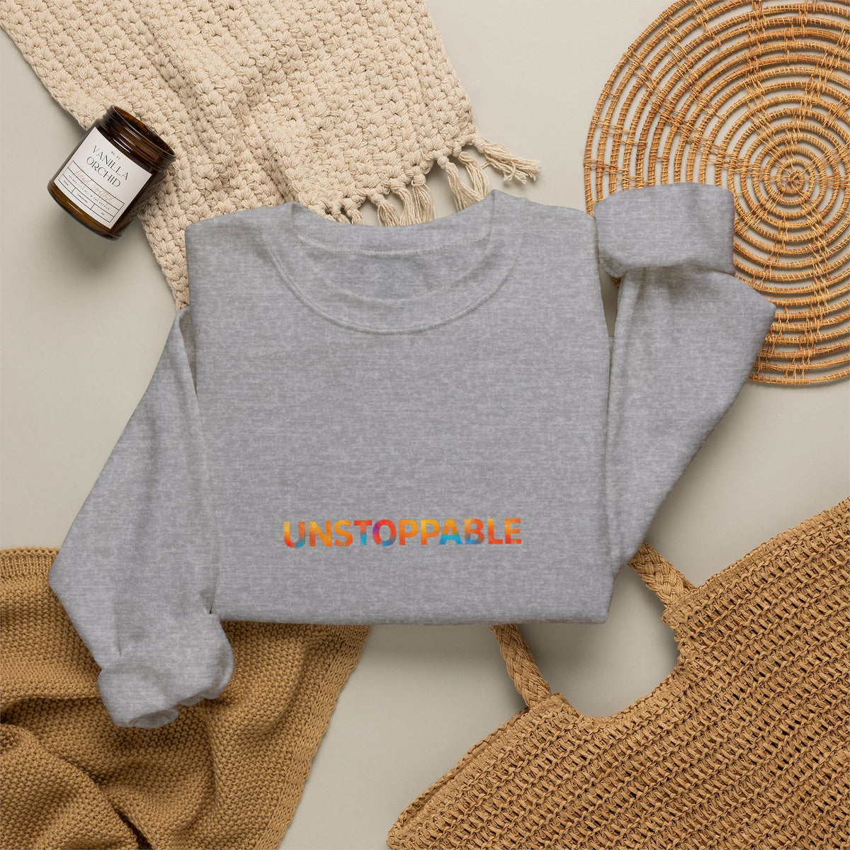 Unstoppable Crewneck Sweatshirt — Inspirational Rainbow Text Pullover