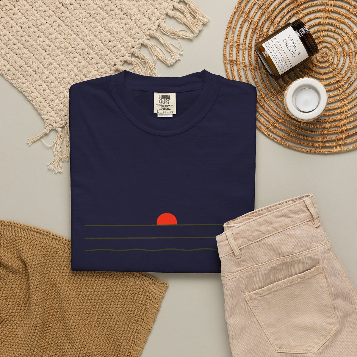 Sunset Minimalist T-Shirt — Red Sun Over Wavy Lines Tee