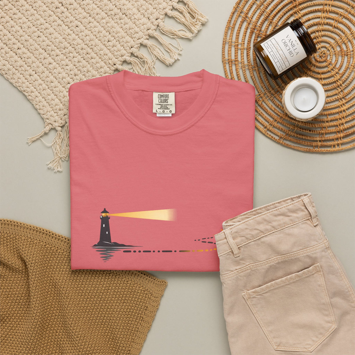 Lighthouse Sunset T-Shirt — Nautical Coastal Tee with Beacon Graphic