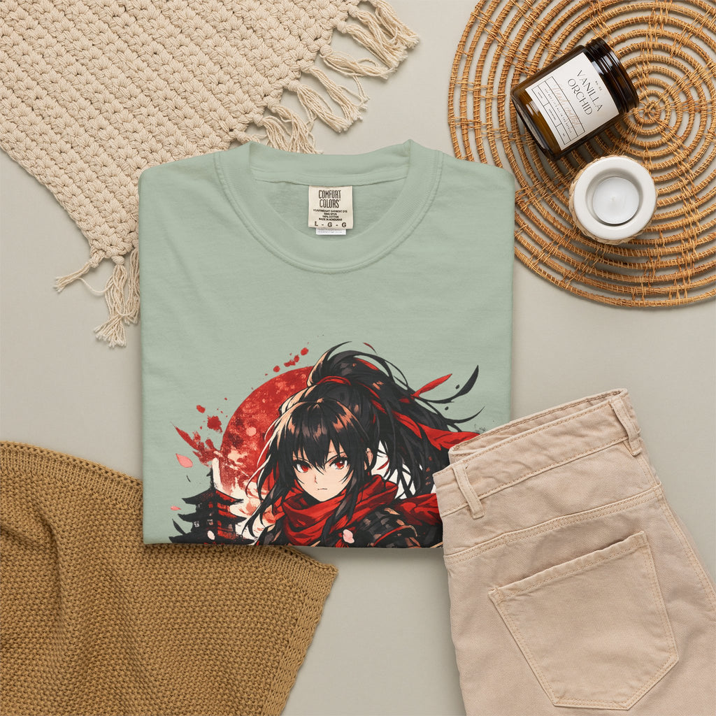 Samurai Anime Girl T-Shirt — Red Moon & Sakura Sword Art Tee