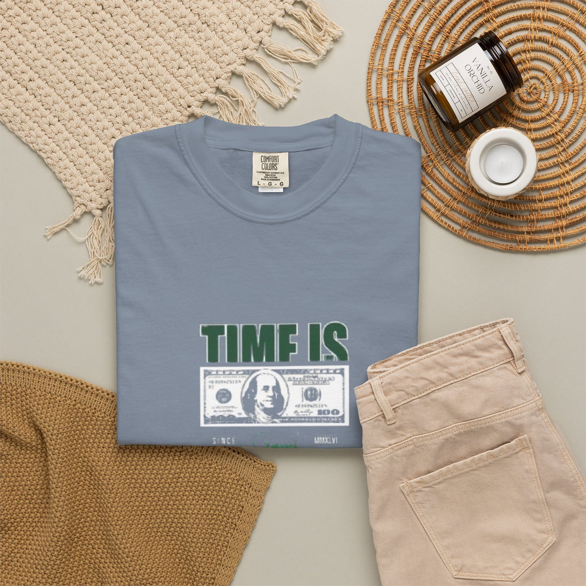 Money Vibe T-Shirt — "TIME IS" Graphic Dollar Bill Tee