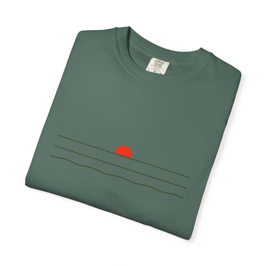 Sunset Minimalist T-Shirt — Red Sun Over Wavy Lines Tee