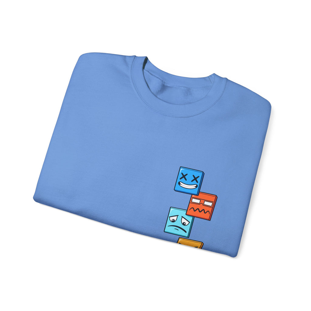 Emotional Blocks Crewneck Sweatshirt — Stacked Expressive Face Cubes Graphic