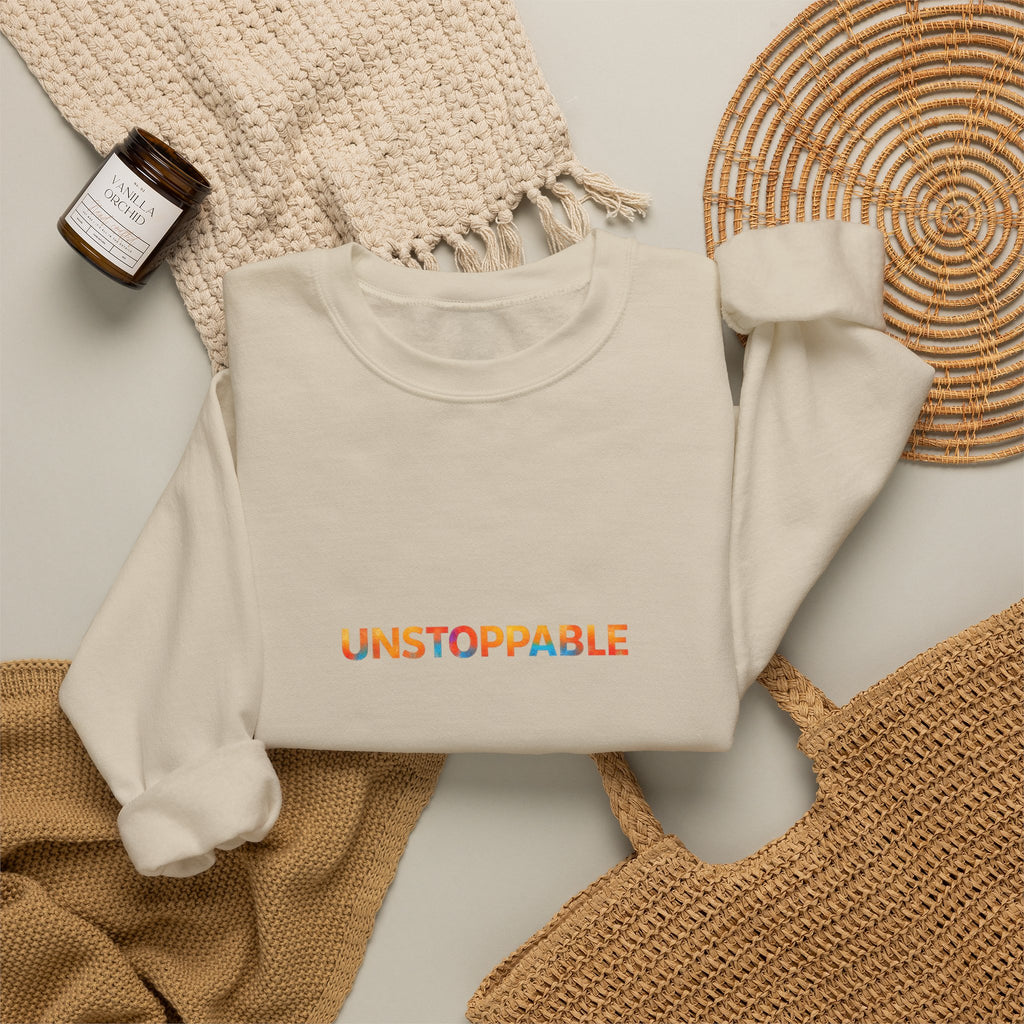 Unstoppable Crewneck Sweatshirt — Inspirational Rainbow Text Pullover