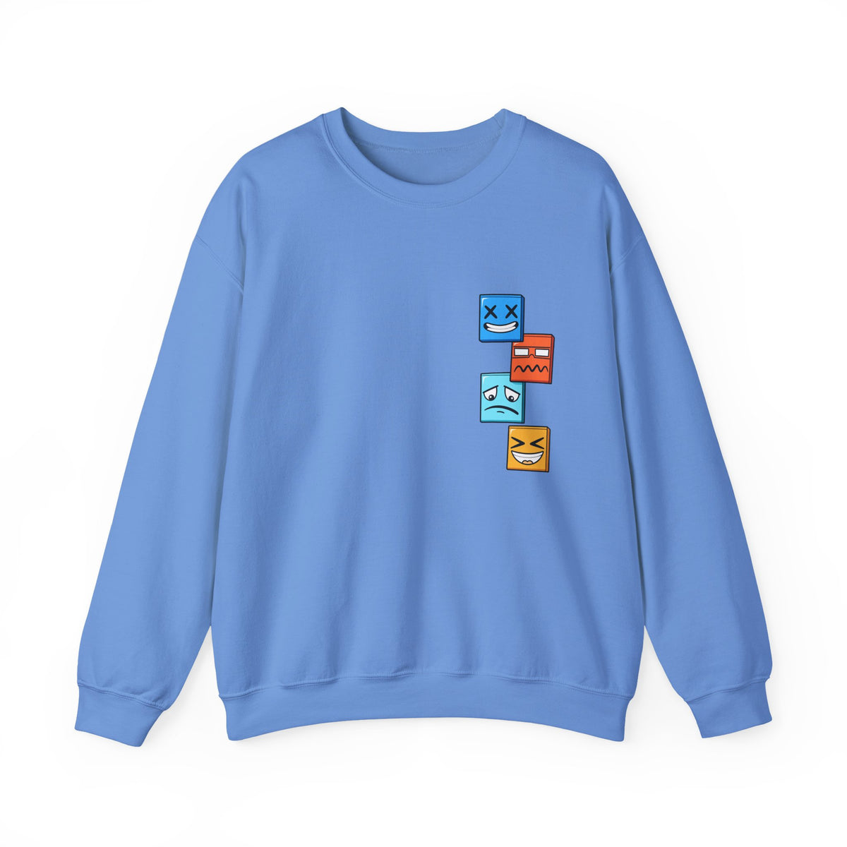 Emotional Blocks Crewneck Sweatshirt — Stacked Expressive Face Cubes Graphic