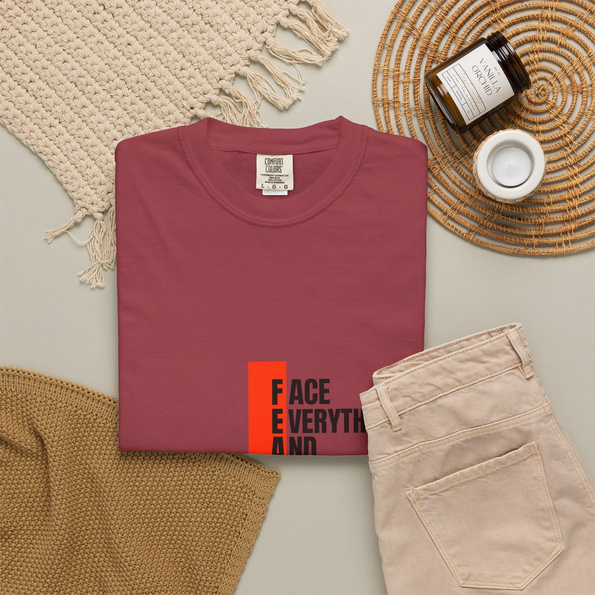 Motivational T-Shirt — "FEAR: Face Everything And Rise" Bold Red Accent