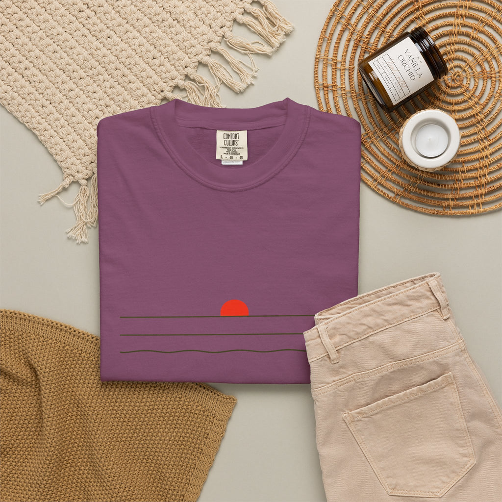 Sunset Minimalist T-Shirt — Red Sun Over Wavy Lines Tee