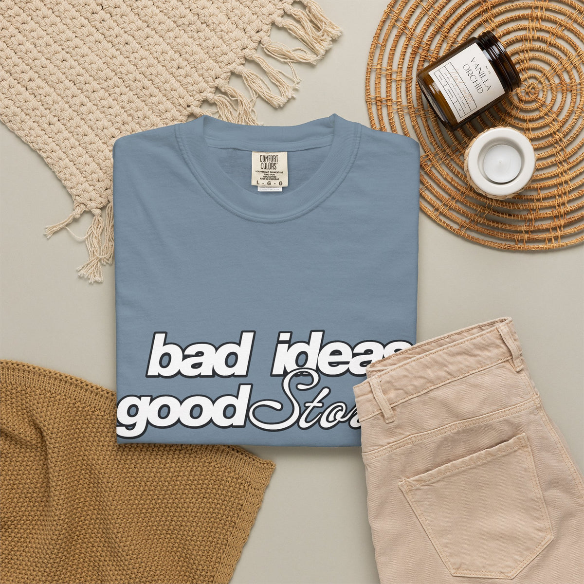 T-Shirt — “bad ideas good stories” Retro Script Tee