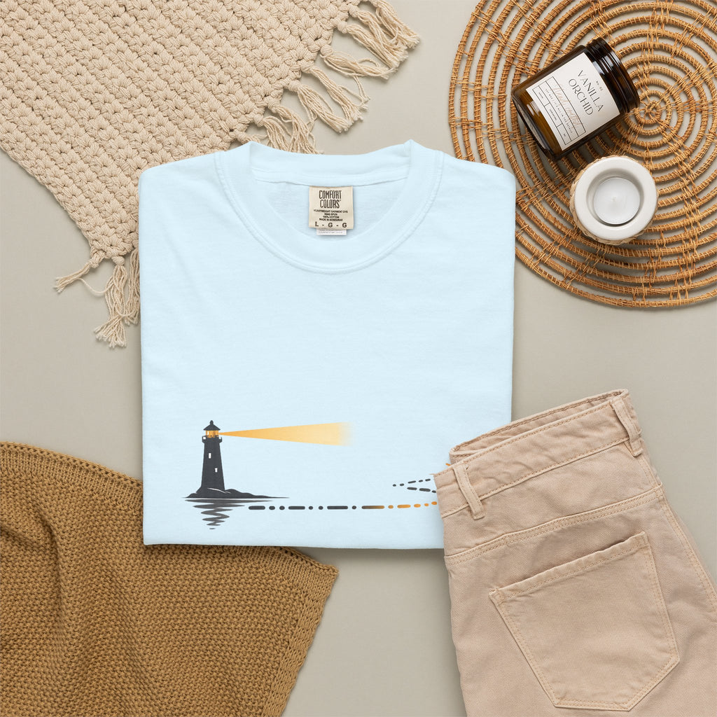 Lighthouse Sunset T-Shirt — Nautical Coastal Tee with Beacon Graphic