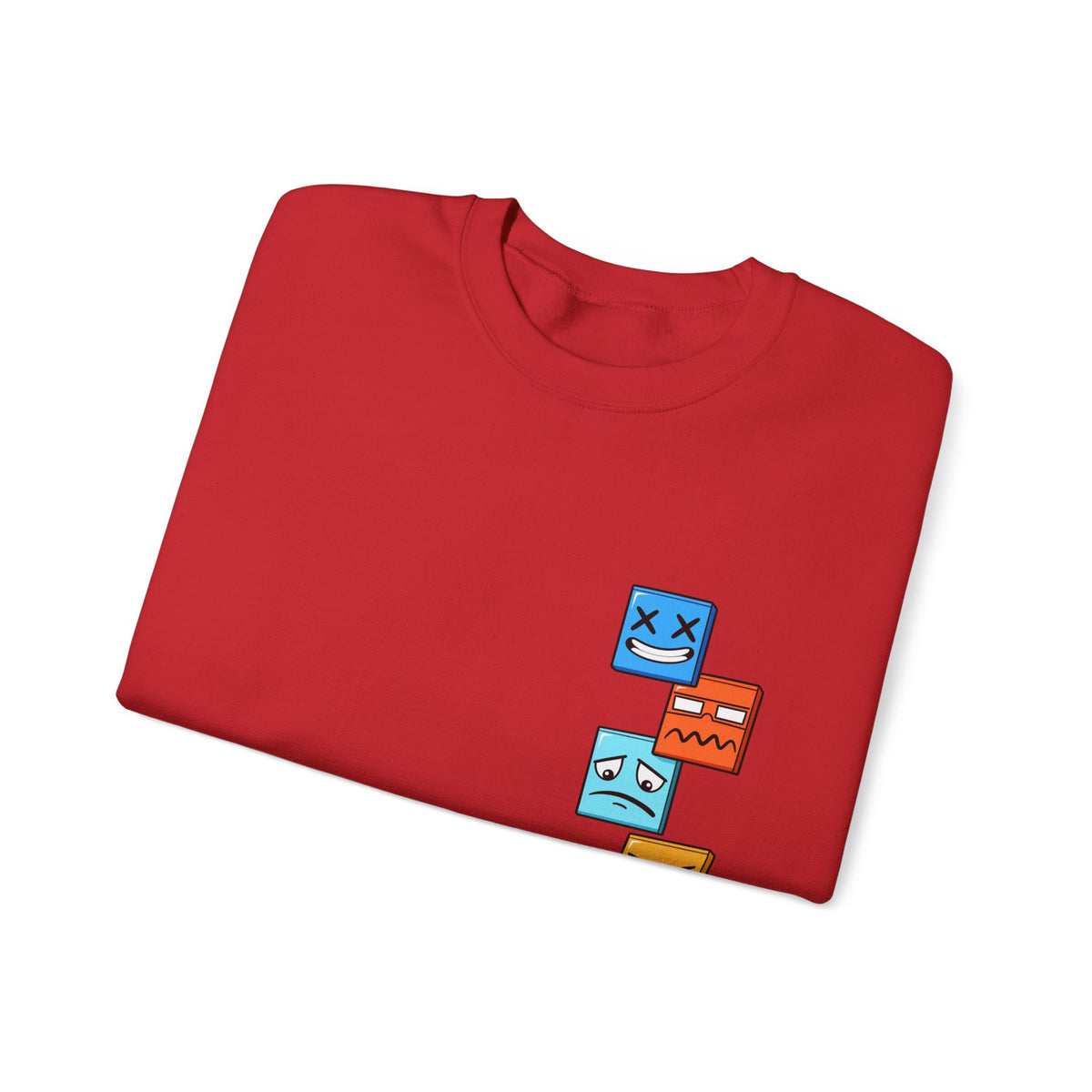 Emotional Blocks Crewneck Sweatshirt — Stacked Expressive Face Cubes Graphic