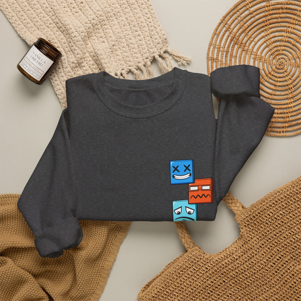 Emotional Blocks Crewneck Sweatshirt — Stacked Expressive Face Cubes Graphic