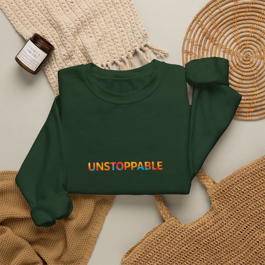 Unstoppable Crewneck Sweatshirt — Inspirational Rainbow Text Pullover