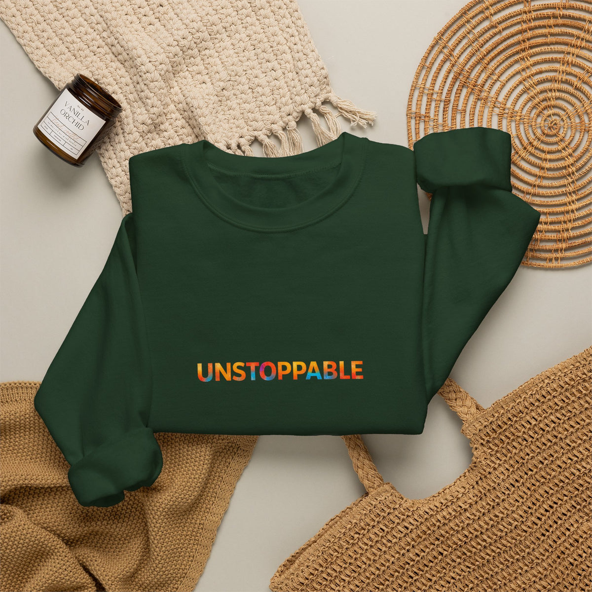 Unstoppable Crewneck Sweatshirt — Inspirational Rainbow Text Pullover
