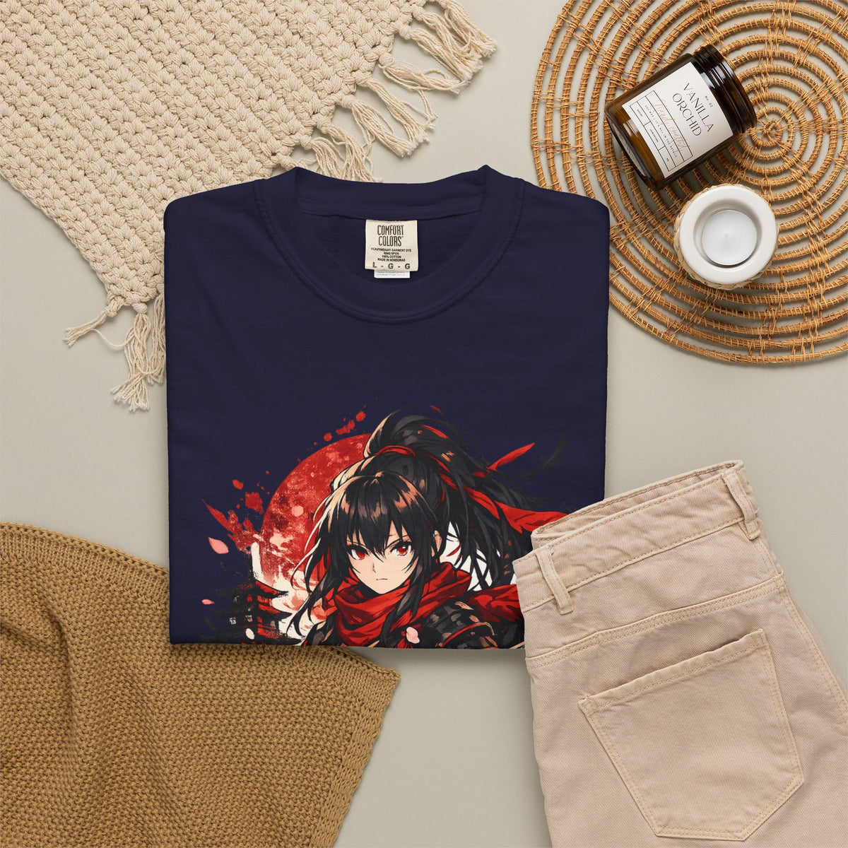 Samurai Anime Girl T-Shirt — Red Moon & Sakura Sword Art Tee