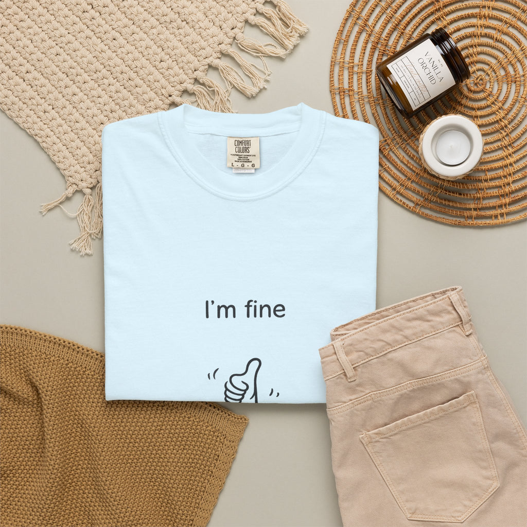 I’m Fine T-Shirt — Minimal Funny Tee with Thumbs-Up Drowning Illustration