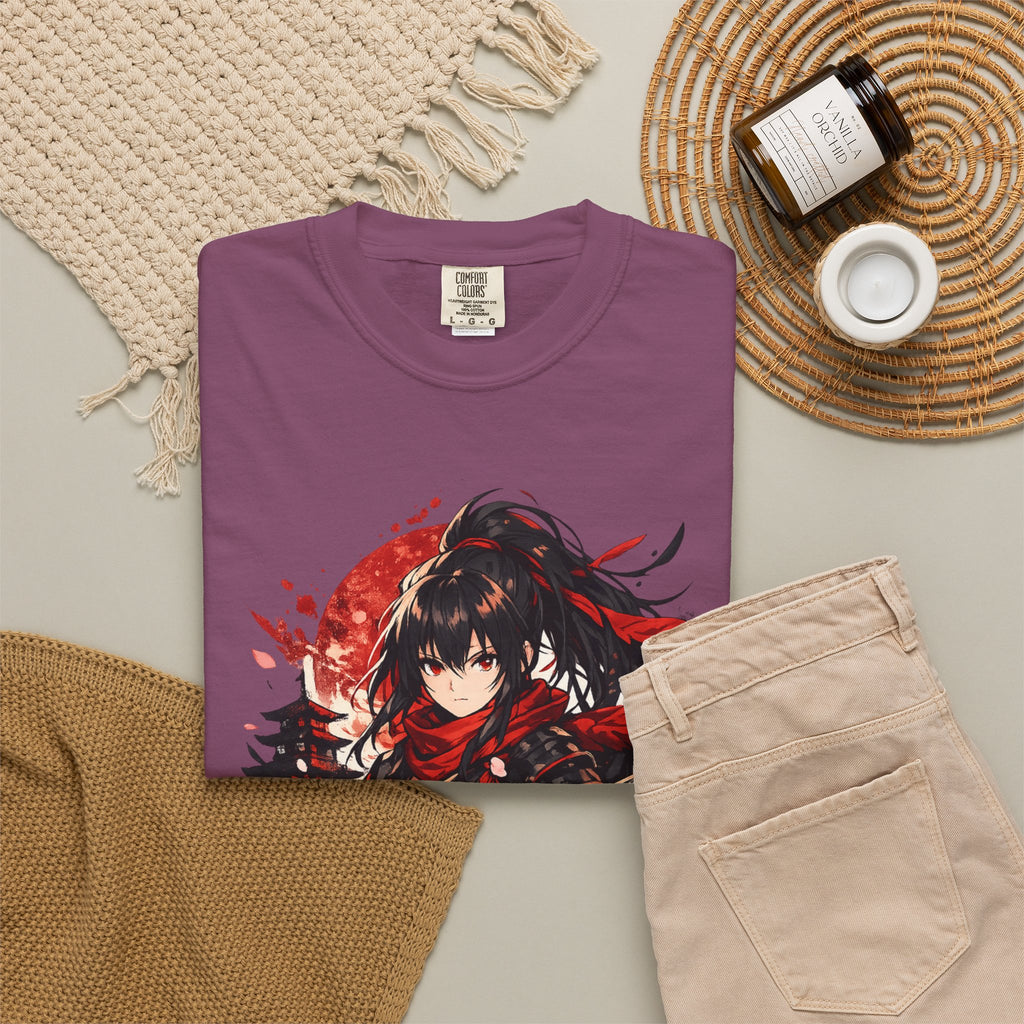 Samurai Anime Girl T-Shirt — Red Moon & Sakura Sword Art Tee