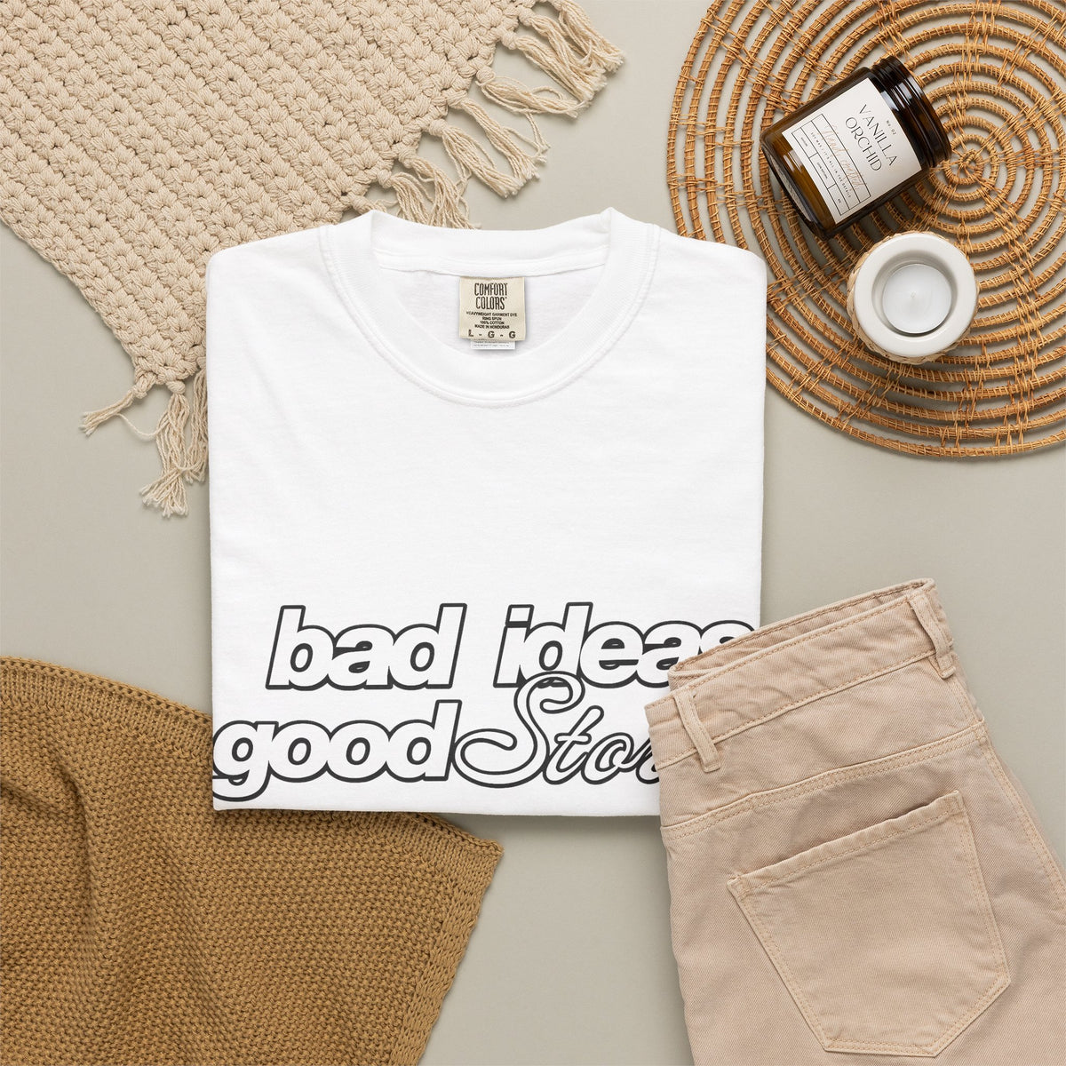 T-Shirt — “bad ideas good stories” Retro Script Tee