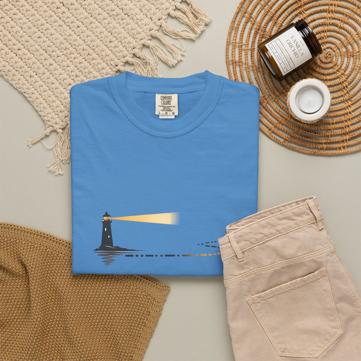 Lighthouse Sunset T-Shirt — Nautical Coastal Tee with Beacon Graphic