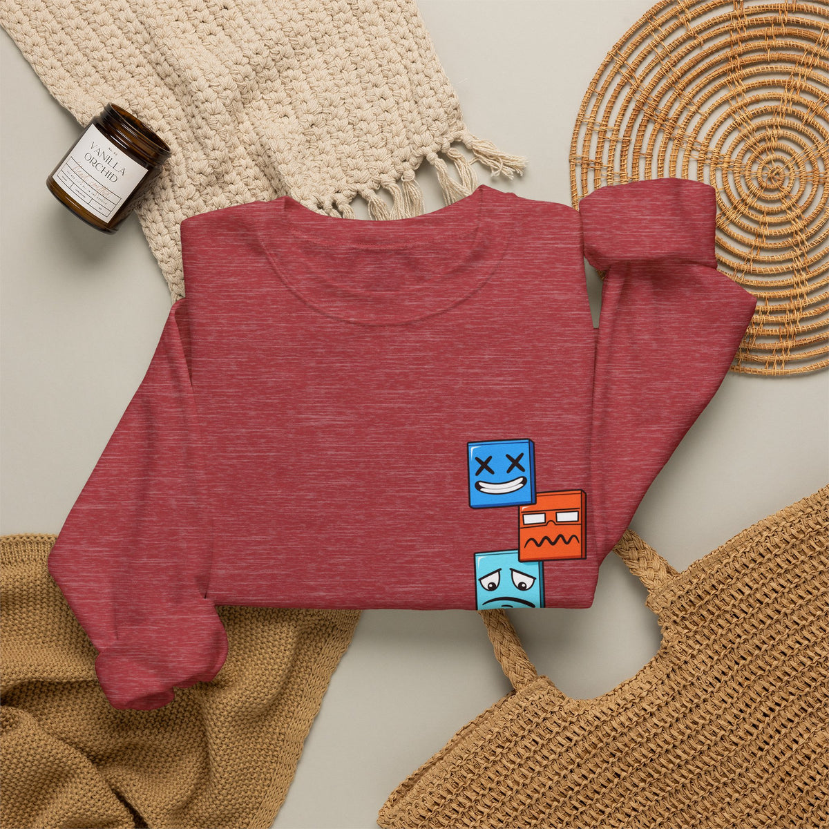 Emotional Blocks Crewneck Sweatshirt — Stacked Expressive Face Cubes Graphic