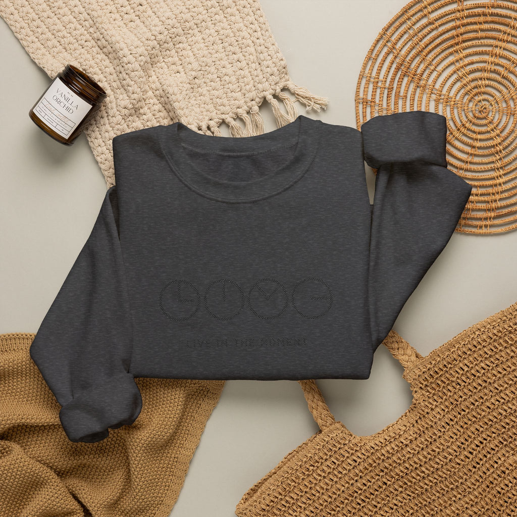 Live In The Moment Crewneck Sweatshirt — Minimal Clock Graphic Embroidered
