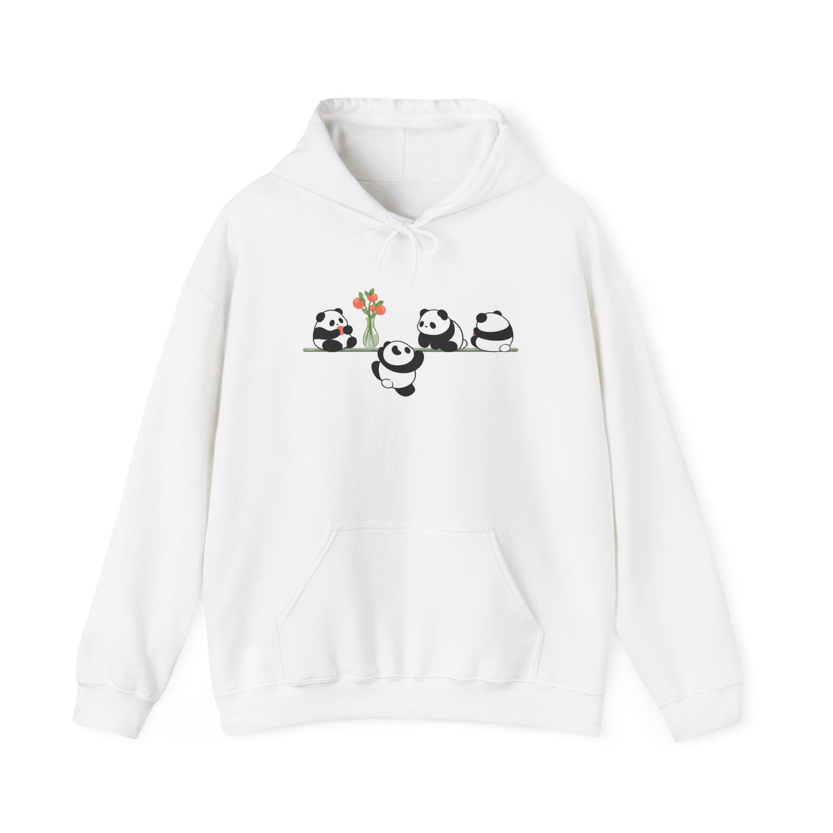 Pandas on a Line Hoodie — Cute Cartoon Pandas Holding Flower Pullover