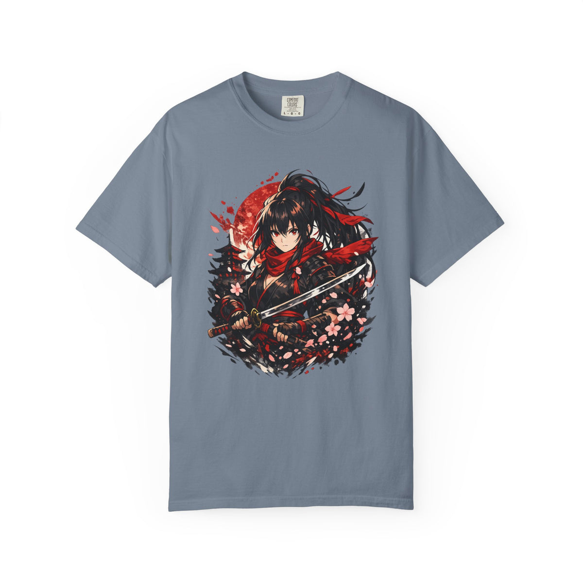 Samurai Anime Girl T-Shirt — Red Moon & Sakura Sword Art Tee