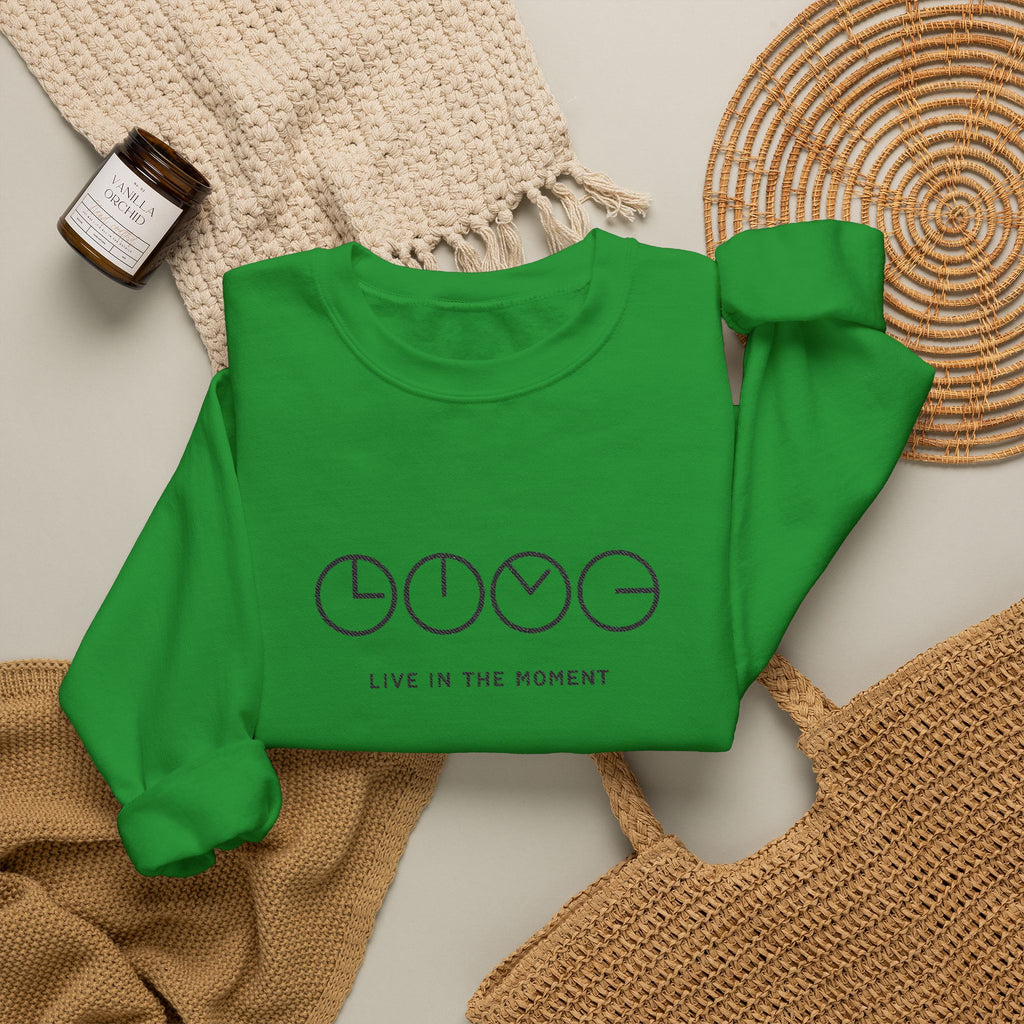 Live In The Moment Crewneck Sweatshirt — Minimal Clock Graphic Embroidered