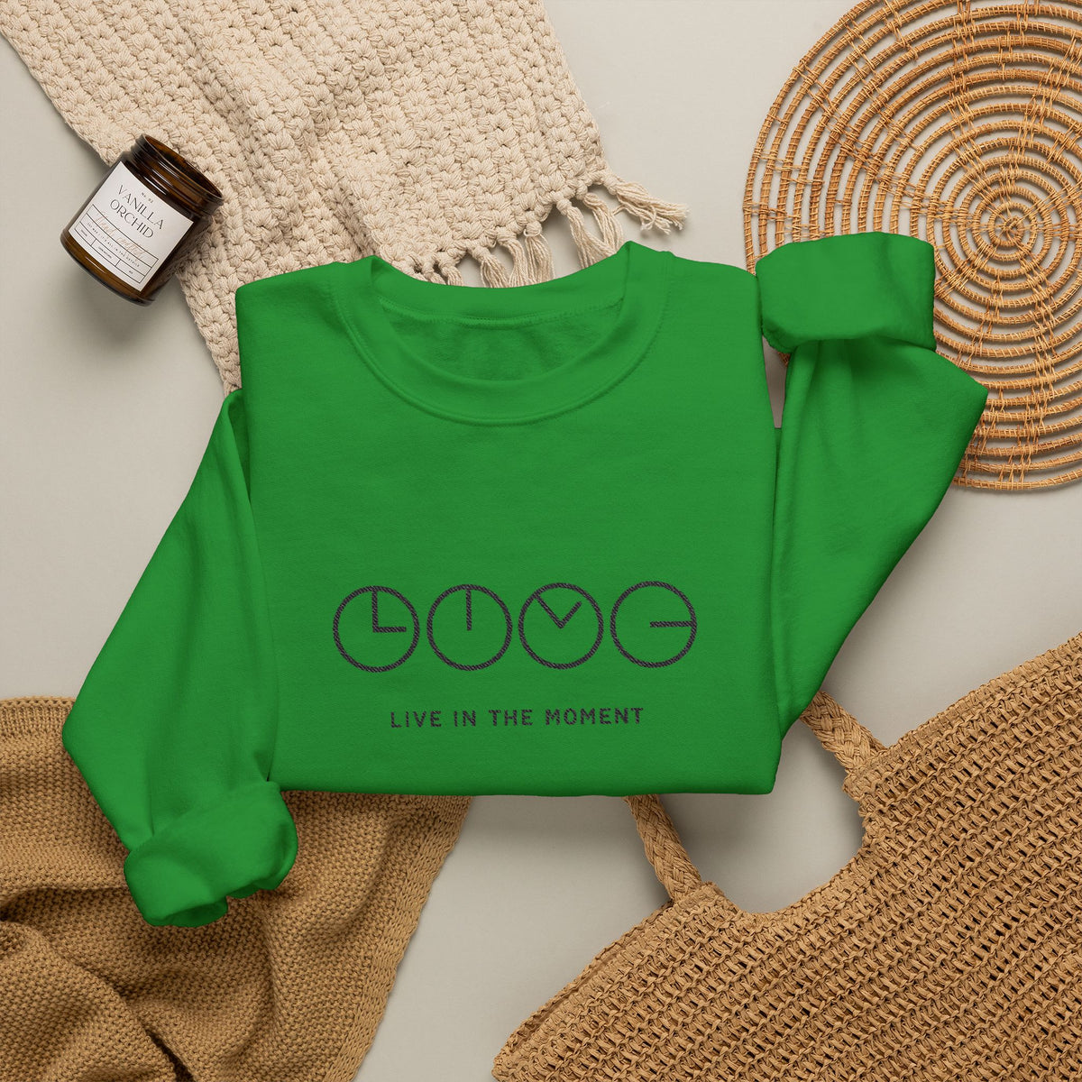 Live In The Moment Crewneck Sweatshirt — Minimal Clock Graphic Embroidered