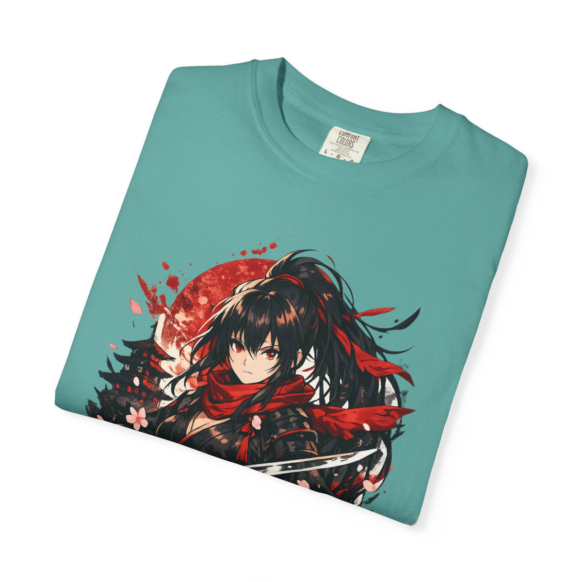Samurai Anime Girl T-Shirt — Red Moon & Sakura Sword Art Tee