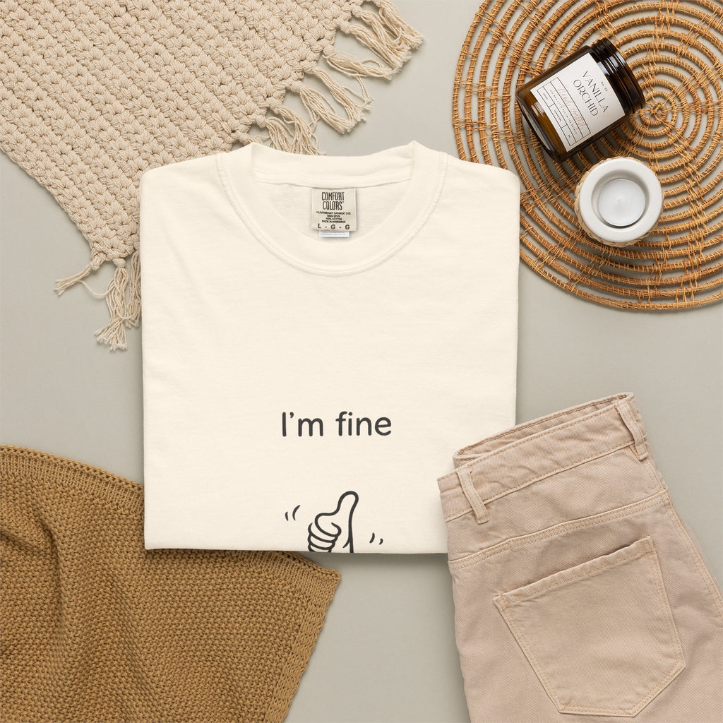 I’m Fine T-Shirt — Minimal Funny Tee with Thumbs-Up Drowning Illustration