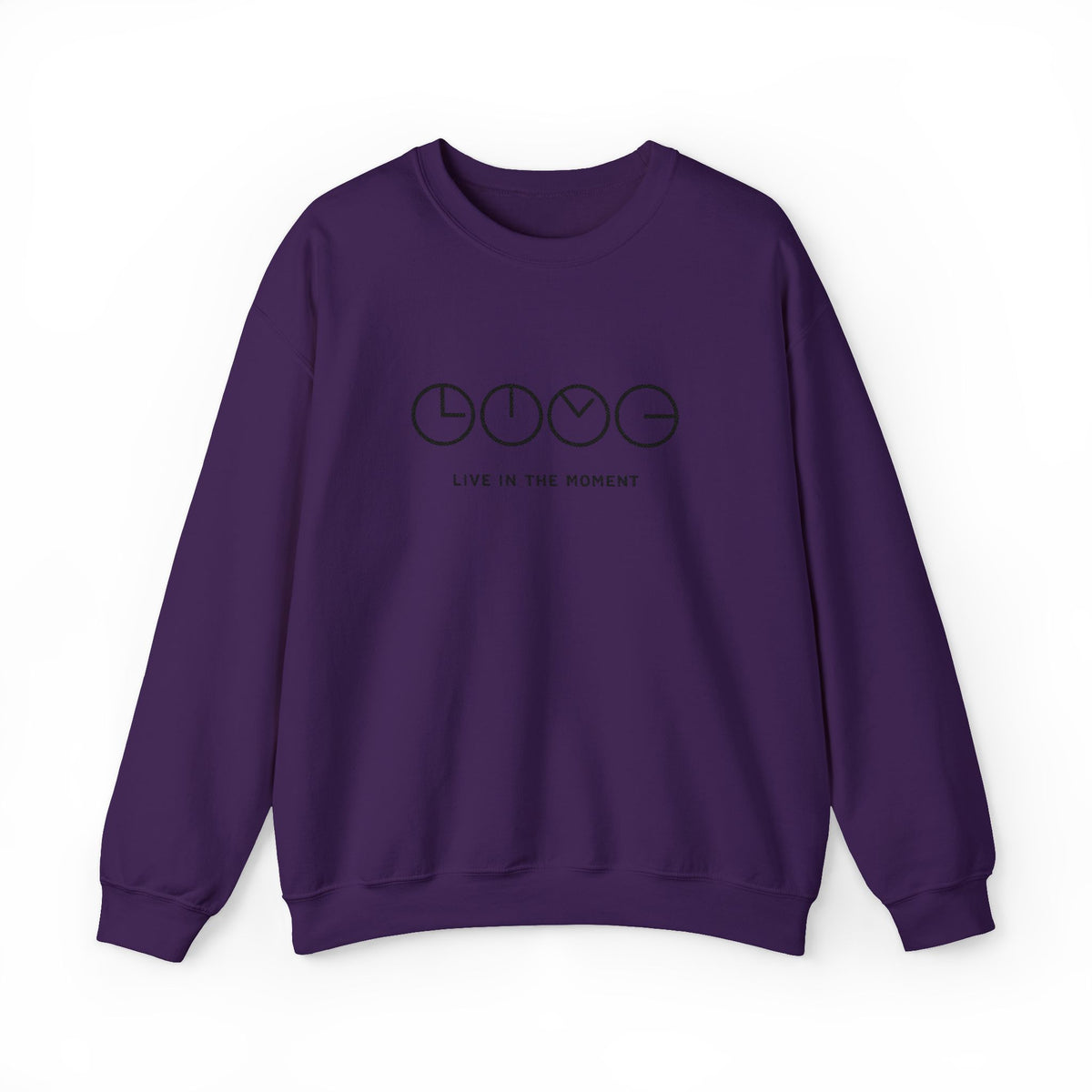 Live In The Moment Crewneck Sweatshirt — Minimal Clock Graphic Embroidered