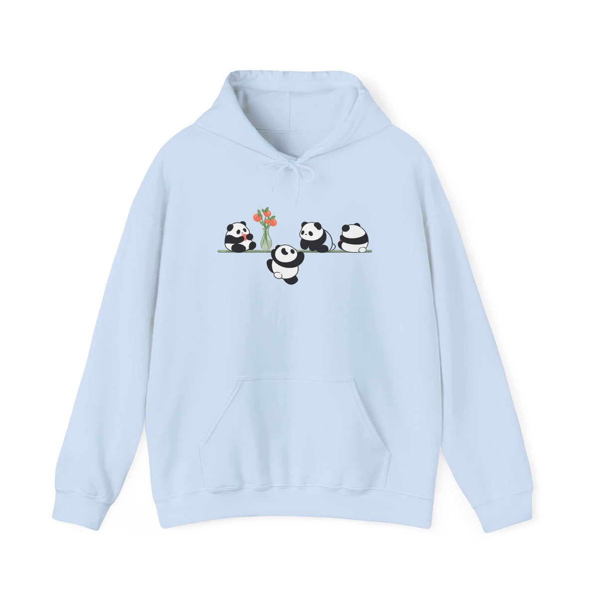 Pandas on a Line Hoodie — Cute Cartoon Pandas Holding Flower Pullover