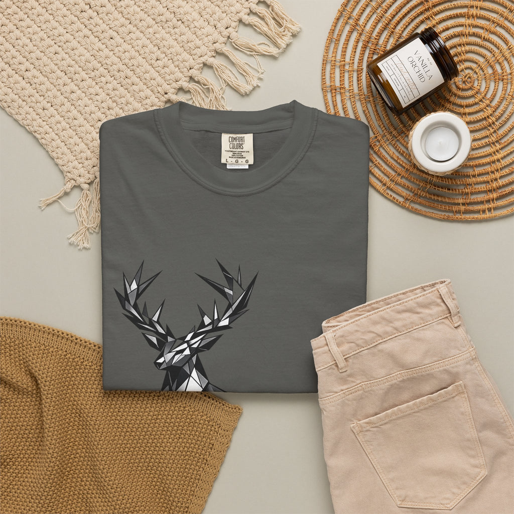 Geometric Stag T-Shirt — Black Polygon Deer Graphic Tee