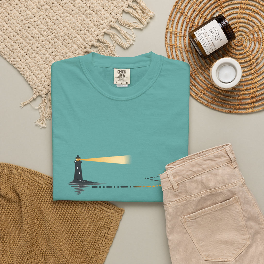 Lighthouse Sunset T-Shirt — Nautical Coastal Tee with Beacon Graphic