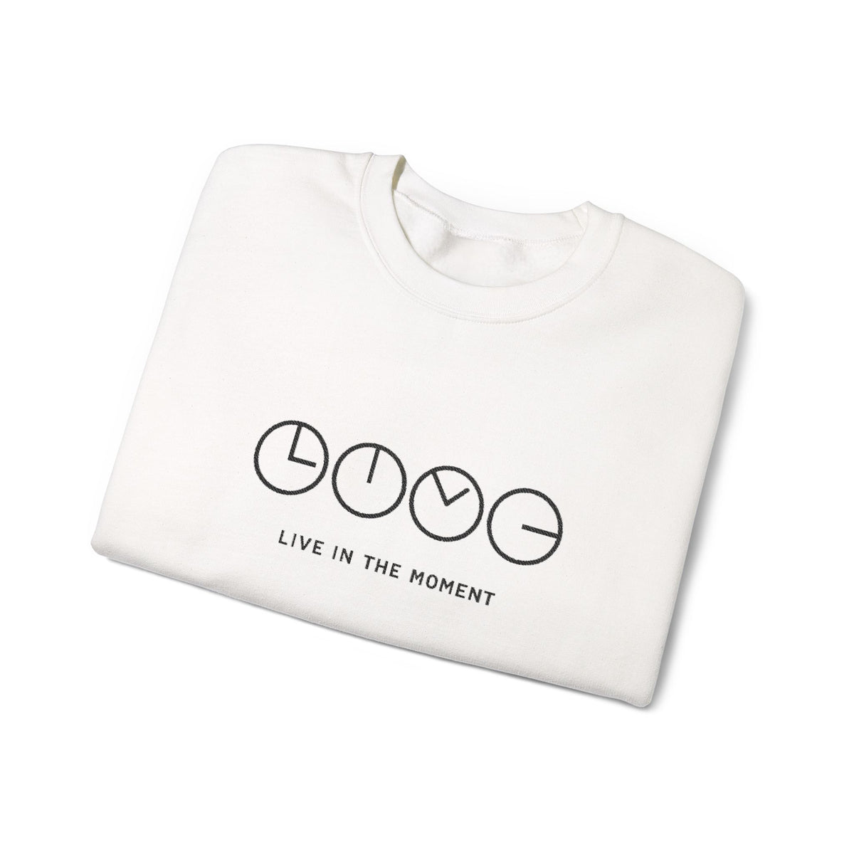 Live In The Moment Crewneck Sweatshirt — Minimal Clock Graphic Embroidered