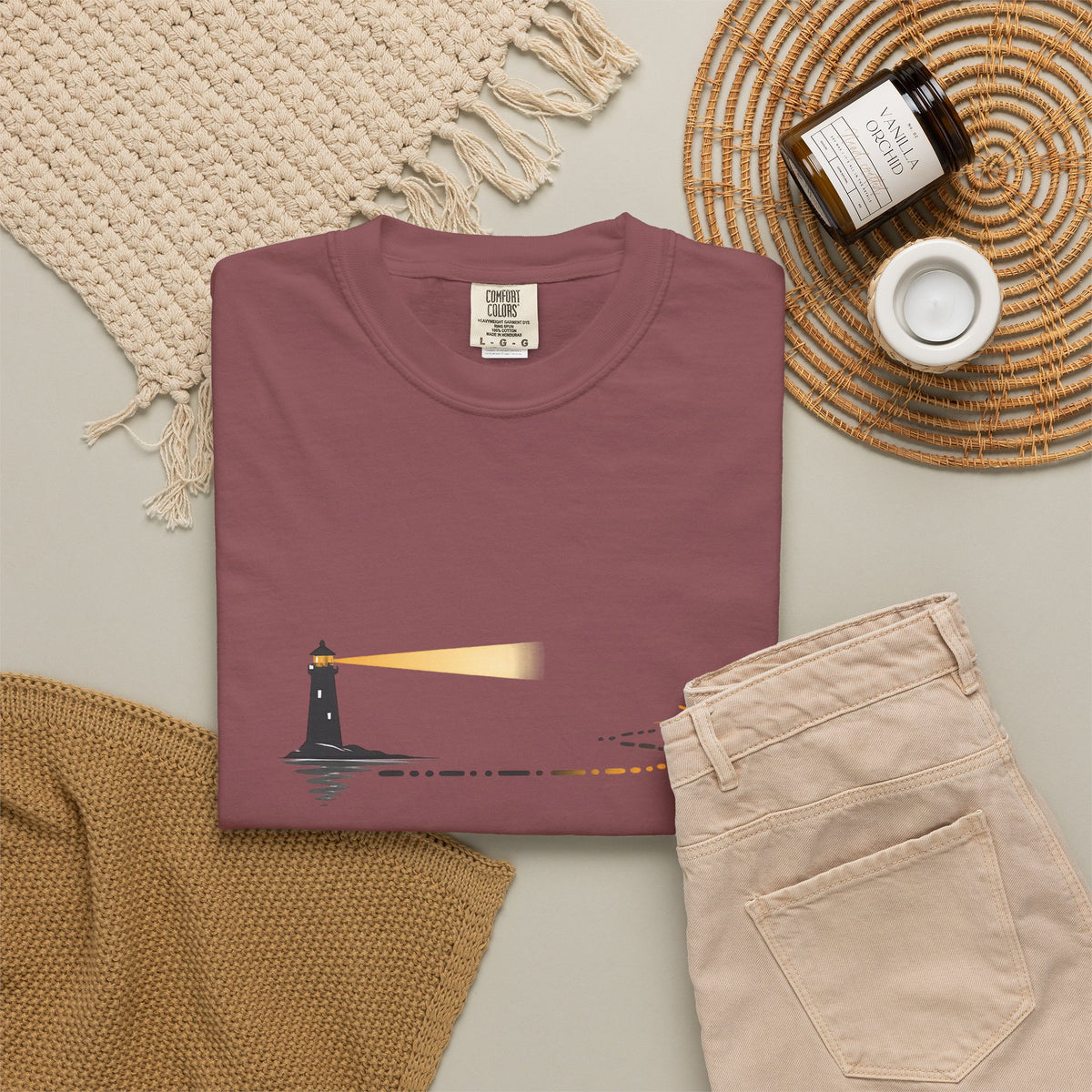 Lighthouse Sunset T-Shirt — Nautical Coastal Tee with Beacon Graphic