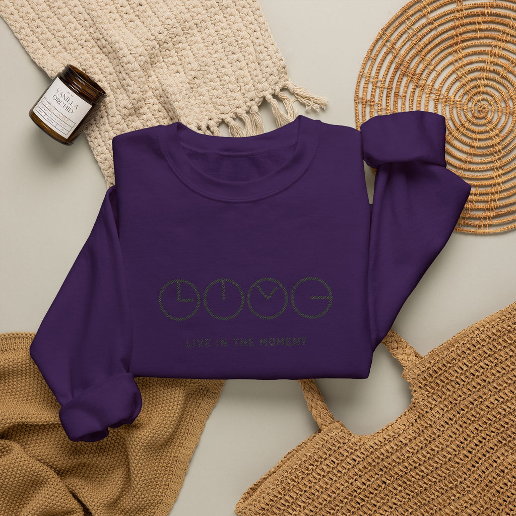 Live In The Moment Crewneck Sweatshirt — Minimal Clock Graphic Embroidered
