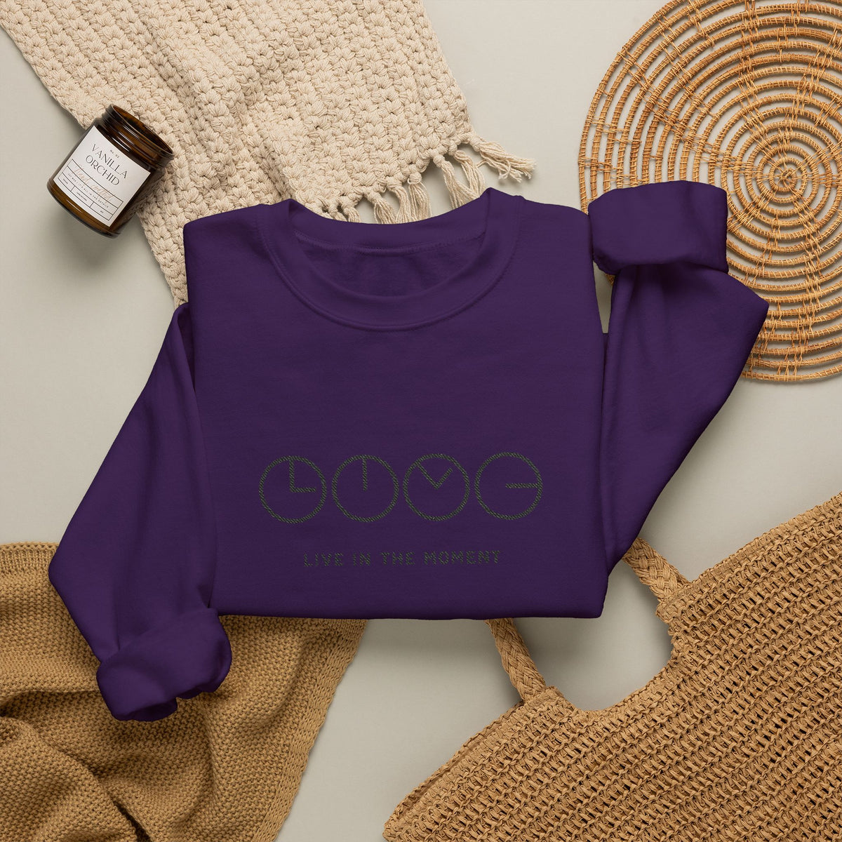 Live In The Moment Crewneck Sweatshirt — Minimal Clock Graphic Embroidered