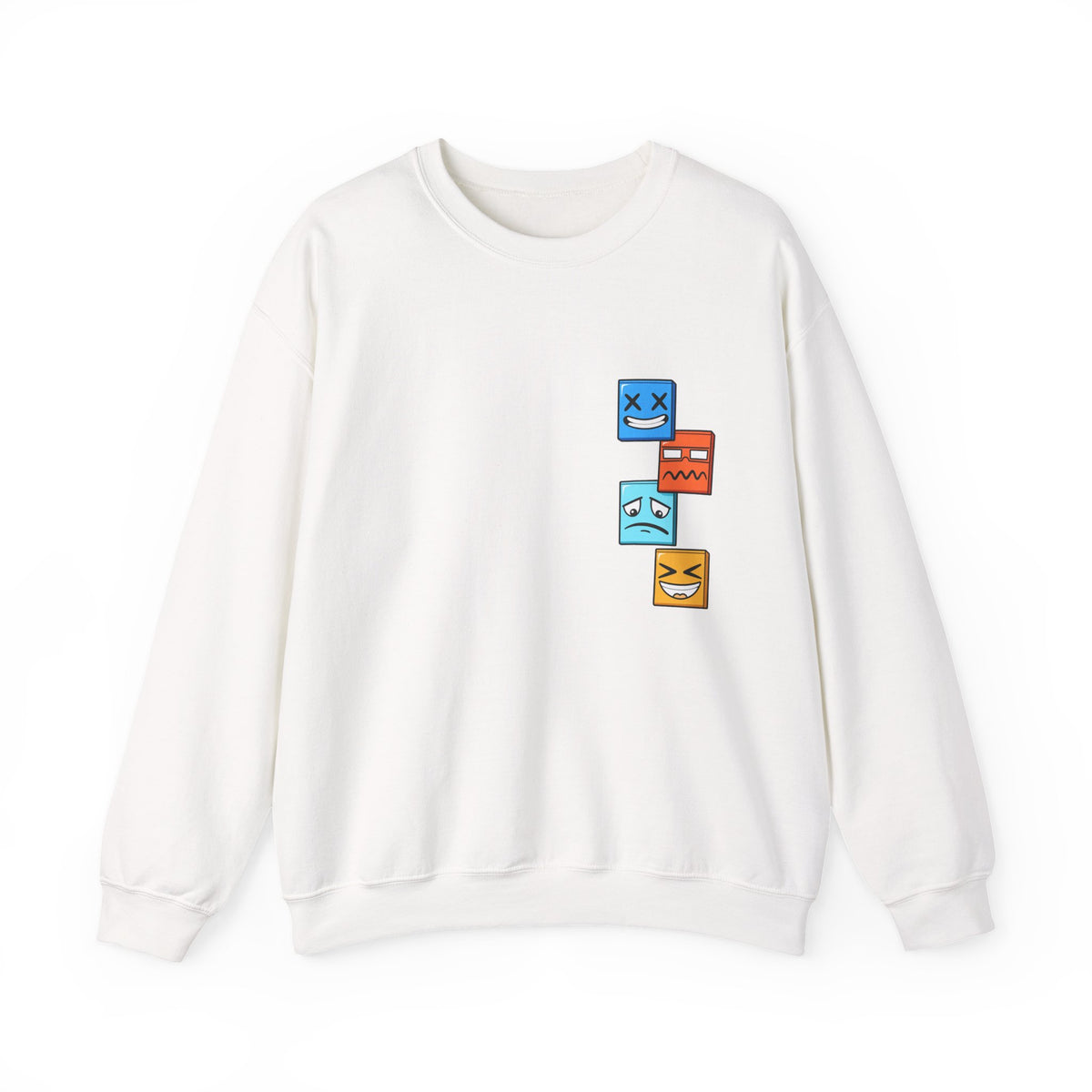 Emotional Blocks Crewneck Sweatshirt — Stacked Expressive Face Cubes Graphic