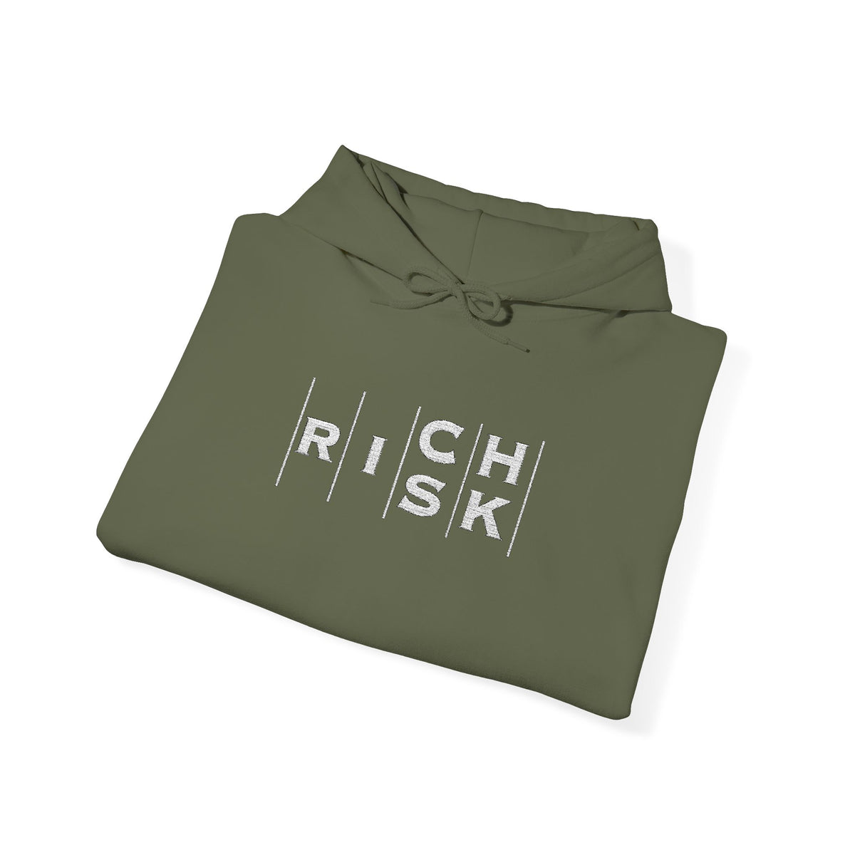 Risk/Reward Graphic Hoodie — “RISK | RICH” Distressed Text Sweatshirt