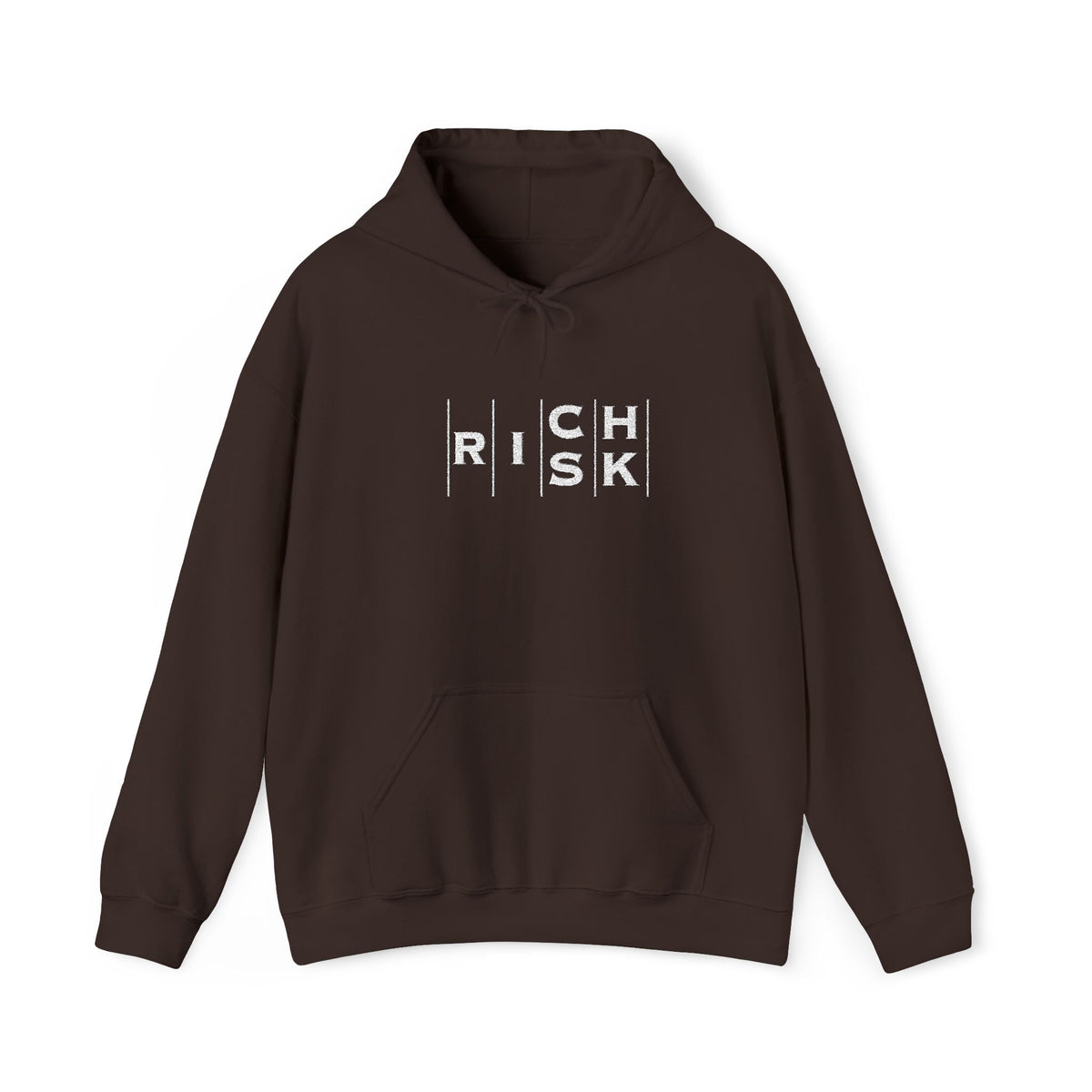 Risk/Reward Graphic Hoodie — “RISK | RICH” Distressed Text Sweatshirt