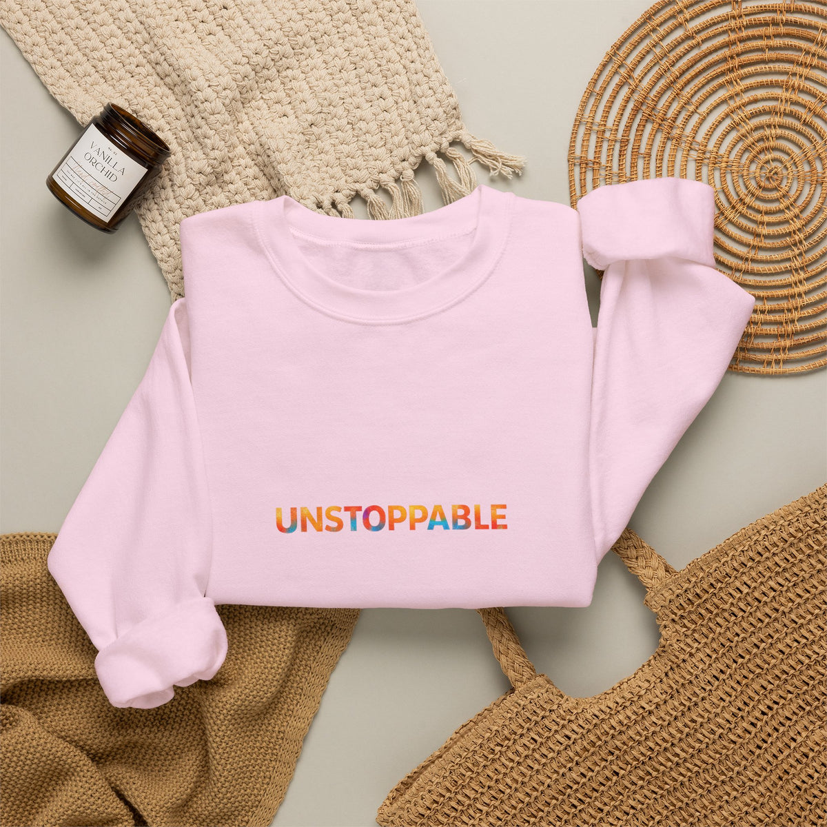 Unstoppable Crewneck Sweatshirt — Inspirational Rainbow Text Pullover